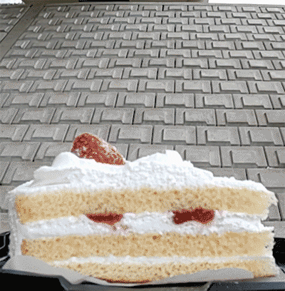巨大なケーキに飛び込んで戯れているトリックGIF