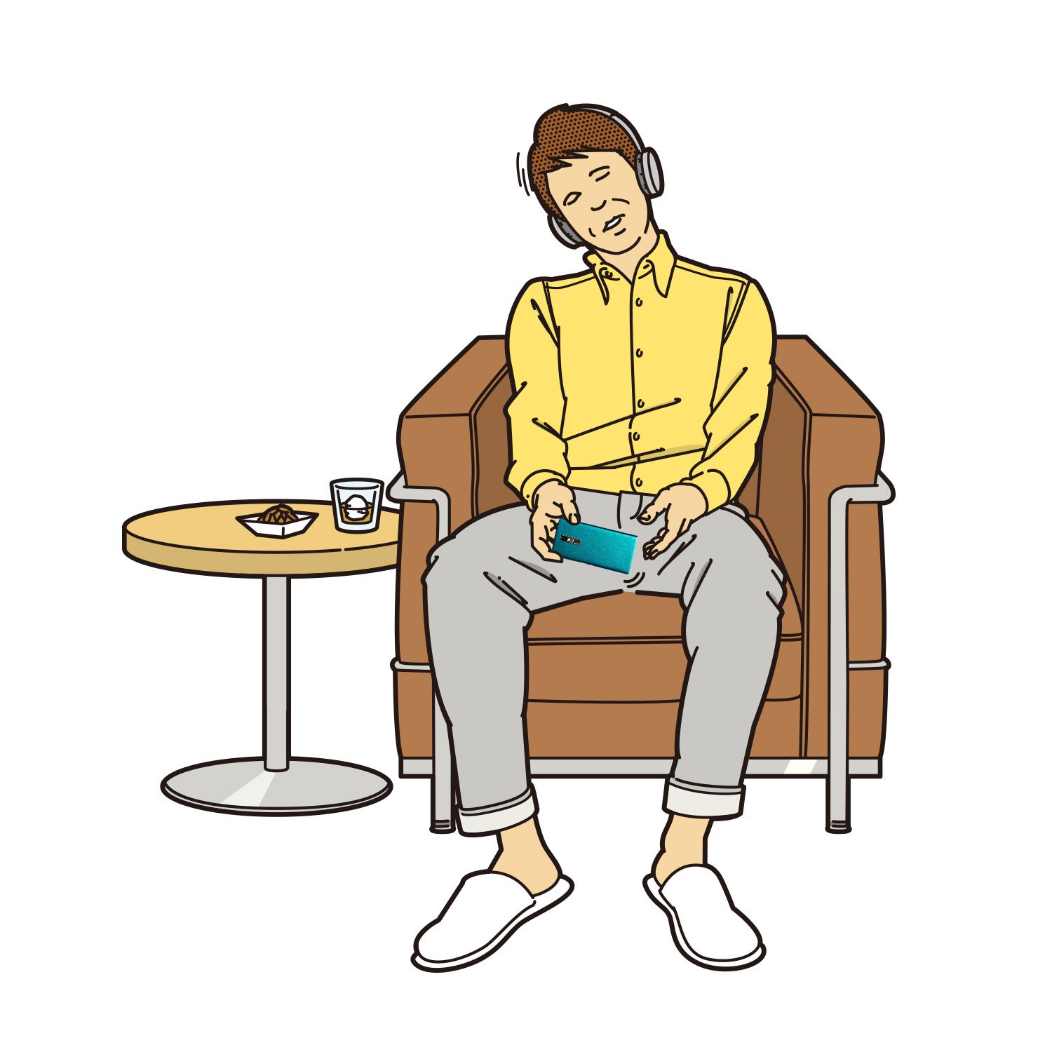 URBANO V04とともにひとりの世界に入り、寝落ちする男性