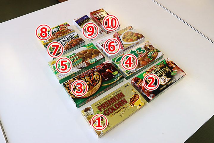 テーブルに10種類並べられたカレールウ