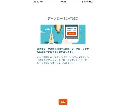 世界データ定額を利用する際のデータローミング設定の画面