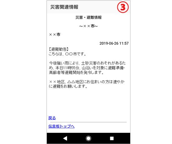 「登録エリア災害・避難情報メール」受信から確認までの流れ