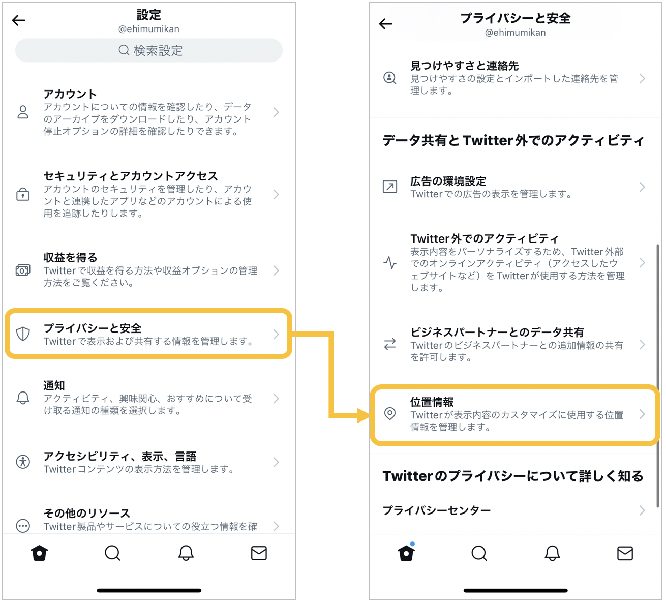 Twitterで「位置情報」の設定をOFFにする手順2
