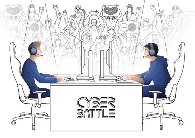 オンライン対戦をするためPCを挟んで向かい合う両者とその観衆