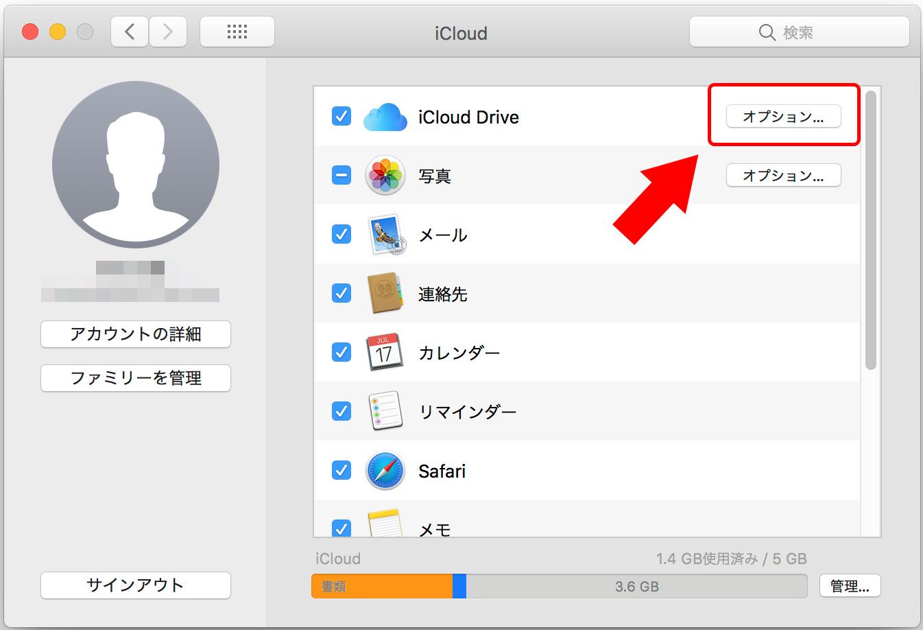 MacのiCloud Drive設定画面