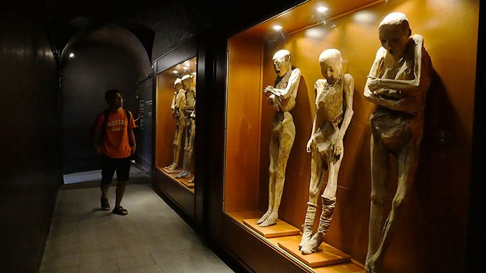 博物館にて展示されているミイラを見つめる地主